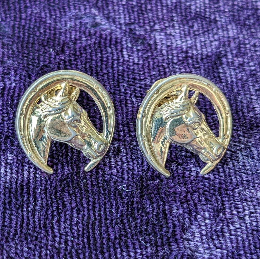 Vintage 10K Gold Plated Equestrian Horse Head Stud Earrings